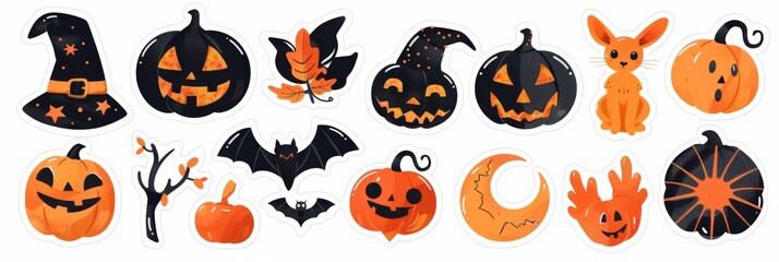 Fototapeta premium Vibrant Collection of Rhinestone Halloween Stickers Featuring Glittery Pumpkins, Bats, and Spiders on a Stark White Background