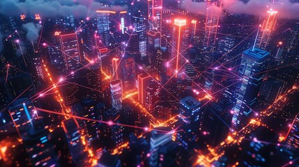 Fototapeta premium Aerial view of a futuristic city with blockchain technology