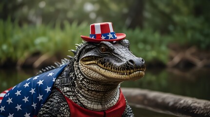 Fototapeta premium Portrait of an American alligator wearing stars and st.generative.ai