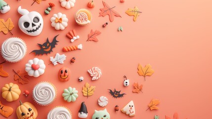 Festive Halloween Background with Character Cupcakes, Candy, and Autumn Leaves | Colorful Vibrant Design for 32K Resolution Displays, Generative Ai