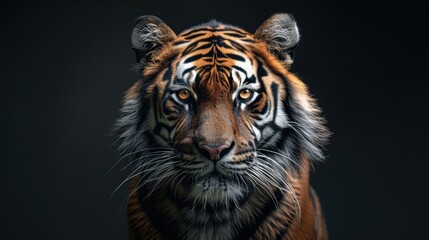 Fototapeta premium close up front view of a strong male tiger on a dark background