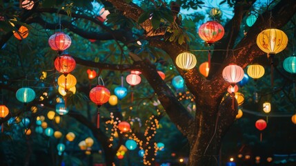 Trees with colorful lanterns hanging from their branches