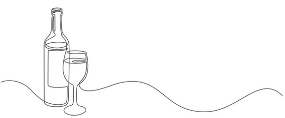 Continuous one line drawing of bottlemand wine glass. Single line drawing of wine bottle with glass