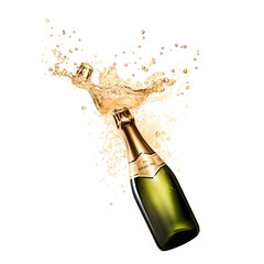 champagne cork and champagne bottle isolated on white background