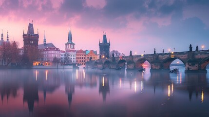 Obraz premium Beautiful view of the architecture of the Old Town pier and Old Town Bridge at sunrise
