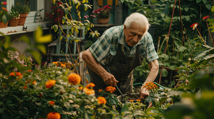 an elderly man gardening in a lush backyard with blooming flowers.