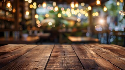 Wooden table top with blurred background of bar or cafe interior