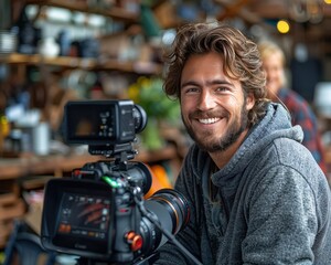 Excited Content Creator Unboxing New Product with 90mm f/4.0 Lens in Well-Lit Studio Setting\