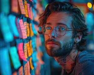 Obraz premium Creative Content Creator Brainstorming Ideas with Sticky Notes and Mind Maps in Colorful Workspace