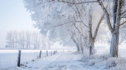 Obraz premium Trees covered in frost on a cold winter day