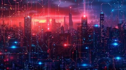 Futuristic Smart Cyber City illustration: Innovative Urban Landscape in Digital Circuitry, futuristic technology concept, Graphic Resources, Wallpapers, Brochure, Websites, banner design, Advertising,