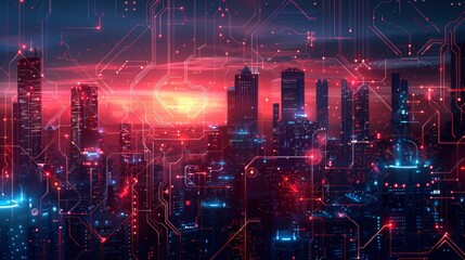 Futuristic Smart Cyber City illustration: Innovative Urban Landscape in Digital Circuitry, futuristic technology concept, Graphic Resources, Wallpapers, Brochure, Websites, banner design, Advertising,