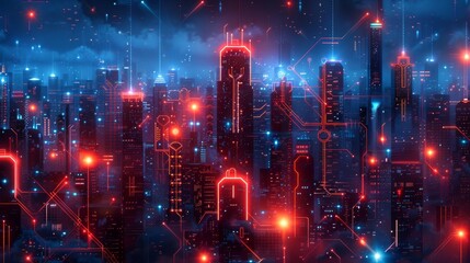 Obraz premium Futuristic Smart Cyber City illustration: Innovative Urban Landscape in Digital Circuitry, futuristic technology concept, Graphic Resources, Wallpapers, Brochure, Websites, banner design, Advertising,