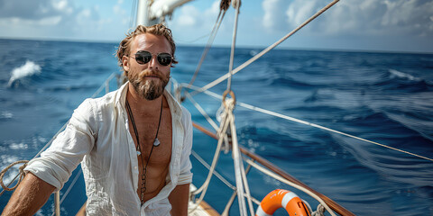 Portrait of a brutal bearded yachtsman on a yacht.