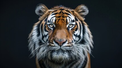 Fototapeta premium close up front view of a strong male tiger on a dark background