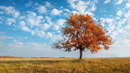 Fototapeta premium Tree with vibrant autumn leaves standing alone in a meadow