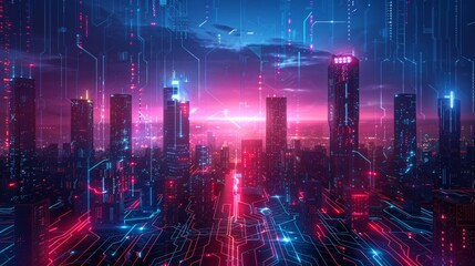 Obraz premium Futuristic Smart Cyber City illustration: Innovative Urban Landscape in Digital Circuitry, futuristic technology concept, Graphic Resources, Wallpapers, Brochure, Websites, banner design, Advertising,