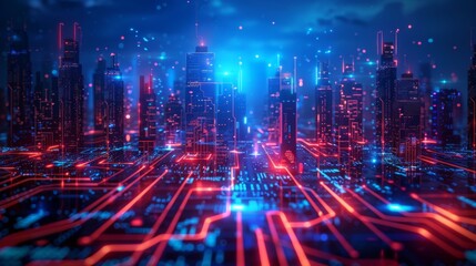 Fototapeta premium Futuristic Smart Cyber City illustration: Innovative Urban Landscape in Digital Circuitry, futuristic technology concept, Graphic Resources, Wallpapers, Brochure, Websites, banner design, Advertising,