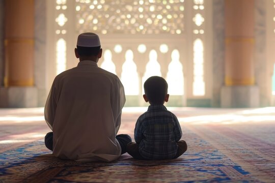 Muslim boy sitting and praying in Mosque with his dad adult spirituality togetherness.