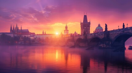 Beautiful view of the architecture of the Old Town pier and Old Town Bridge at sunrise