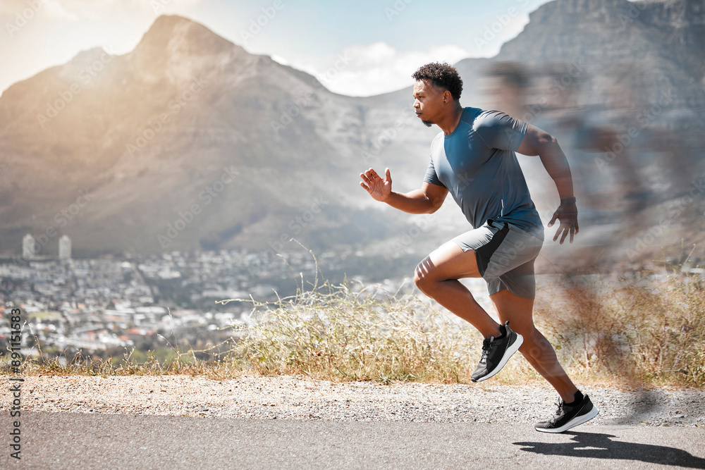 Canvas Prints Motion, fitness and man running in road for endurance challenge, cardio workout or marathon. Timelapse, speed and African athlete in street for physical activity, performance or race in morning