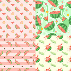 Set Seamless Collection Pattern Abstract Elements Fruits Food Watermelon Vector Design Style Background Illustration Texture For Prints Textiles, Clothing, Gift Wrap, Wallpaper, Pastel