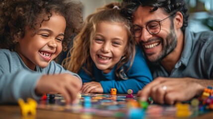 A happy father enjoying a game night with two kids. Their laughter fills the room, showcasing the joy of family bonding and playful moments at home.