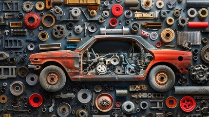 Disassembled Classic Car with Parts Background