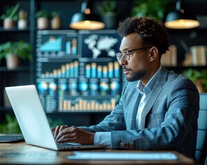 Professional Business Person in Virtual Meeting on Laptop with 90 mm f/4.0 Lens in Modern Office Setup
