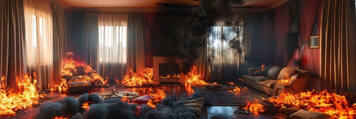 Flames engulf an empty living room, casting a fiery glow on the scene. A charred couch and chair stand as a stark reminder of destruction, surrounded by billowing black smoke.