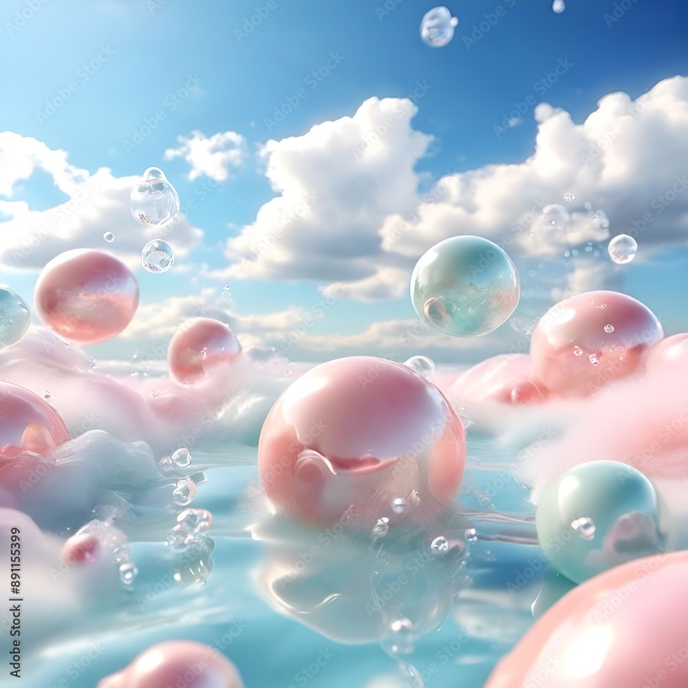 Poster 3d-render-of-pastel-ball-soaps-bubbles-blobs-that-floating-on-the-air-with-fluffy-clouds-and-ocean.