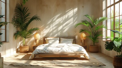 Background showcasing a contemporary living room with a Scandinavian style, complete with plaid blankets, wicker furniture, and a plush carpet, reflects a stylish and comfortable interior 