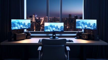 Naklejka premium A high-resolution photo of a clean, minimalistic office setup with dual monitors, soft lighting.