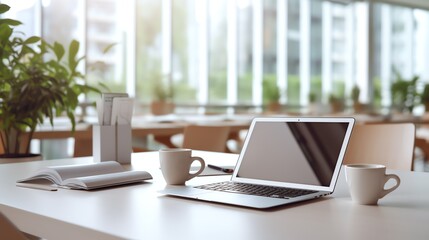 Fototapeta premium A high-resolution photo of a clean and modern office workspace with a laptop and notepad, soft natural light.