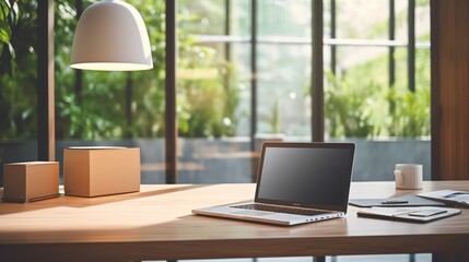 A high-resolution photo of a clean and modern office workspace with a laptop and notepad, soft natural light.