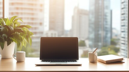 Fototapeta premium A high-resolution photo of a clean and modern office workspace with a laptop and notepad, soft natural light.