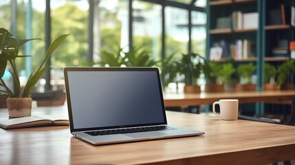 Fototapeta premium A high-resolution photo of a clean and modern office workspace with a laptop and notepad, soft natural light.