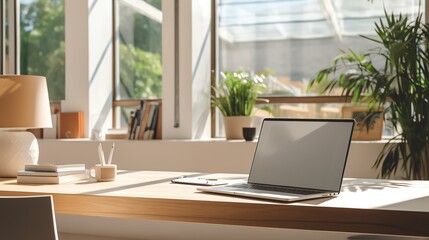 A high-resolution photo of a clean and modern office workspace with a laptop and notepad, soft natural light.