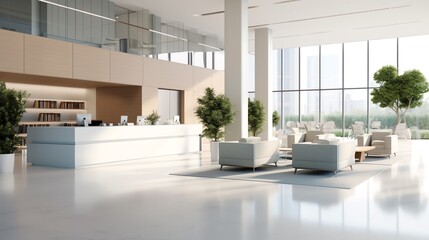 Fototapeta premium A high-resolution photo of a modern office lobby with clean lines and soft colors, professional and inviting.