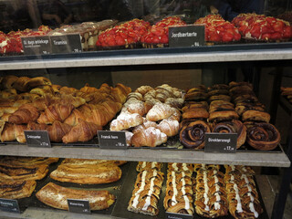 Danish pastries in the display of a Bakery - Copenhagen - Denmark