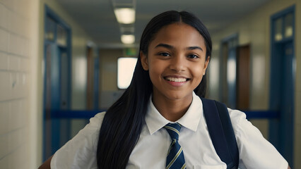 A teenage schoolgirl girl in a shirt and tie with a backpack on her shoulders stands in the school corridor and smiles.