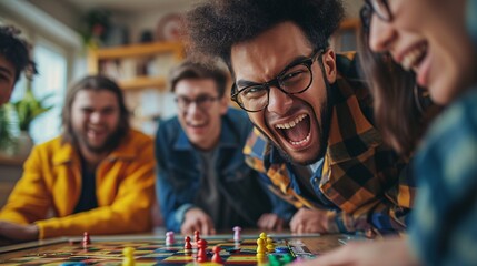 Obraz premium Group of young adults joyfully engaged in a competitive board game. A fun atmosphere showcasing friendship and entertainment in a cozy living space.