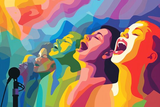 Diverse group singing adult togetherness performance.