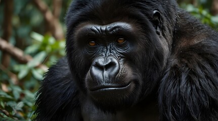 Fototapeta premium Huge black gorillas with silverbacks, shouting in the bush, are fierce, strong creatures. ferocious beast growling, with teeth, Kong the King 