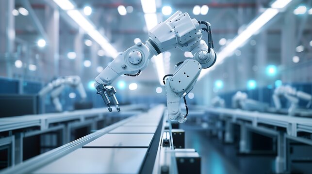 Modern factory environment featuring robotic process automation with autonomous mobile robots and robotic arms