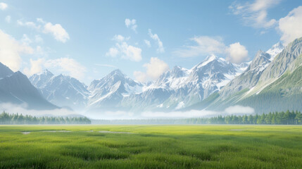 Serenely beautiful natural scenery of untouched meadows and snow-capped mountains