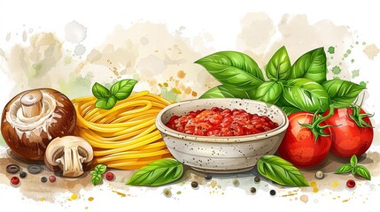 vector, illustration, flat, Homemade pasta vector illustration for Italian food restaurant landing page with spaghetti, tomato sauce, basil and mushrooms. Website template for Italian menu cafe. Tradi