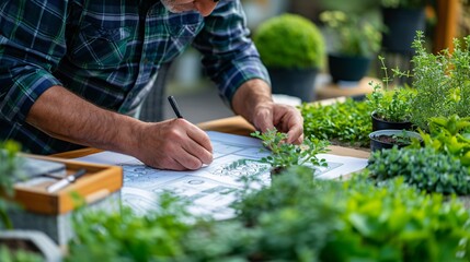 A dedicated landscape architect engages in a vibrant discussion over garden design with clients. Nature-inspired elements enhance creativity and collaboration.