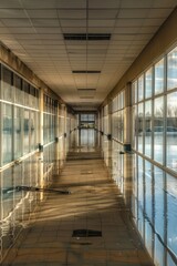 Flooded mall hallway with polished wood floor and large windows. Black object adds mystery to the scene. High-resolution photo captures wide-angle view of interior space.