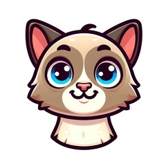 Obraz premium Cartoon style cute siamese cat logo icon with white background, cartoon character of cute siamese friendly cat with simple face in vector style, flat colors